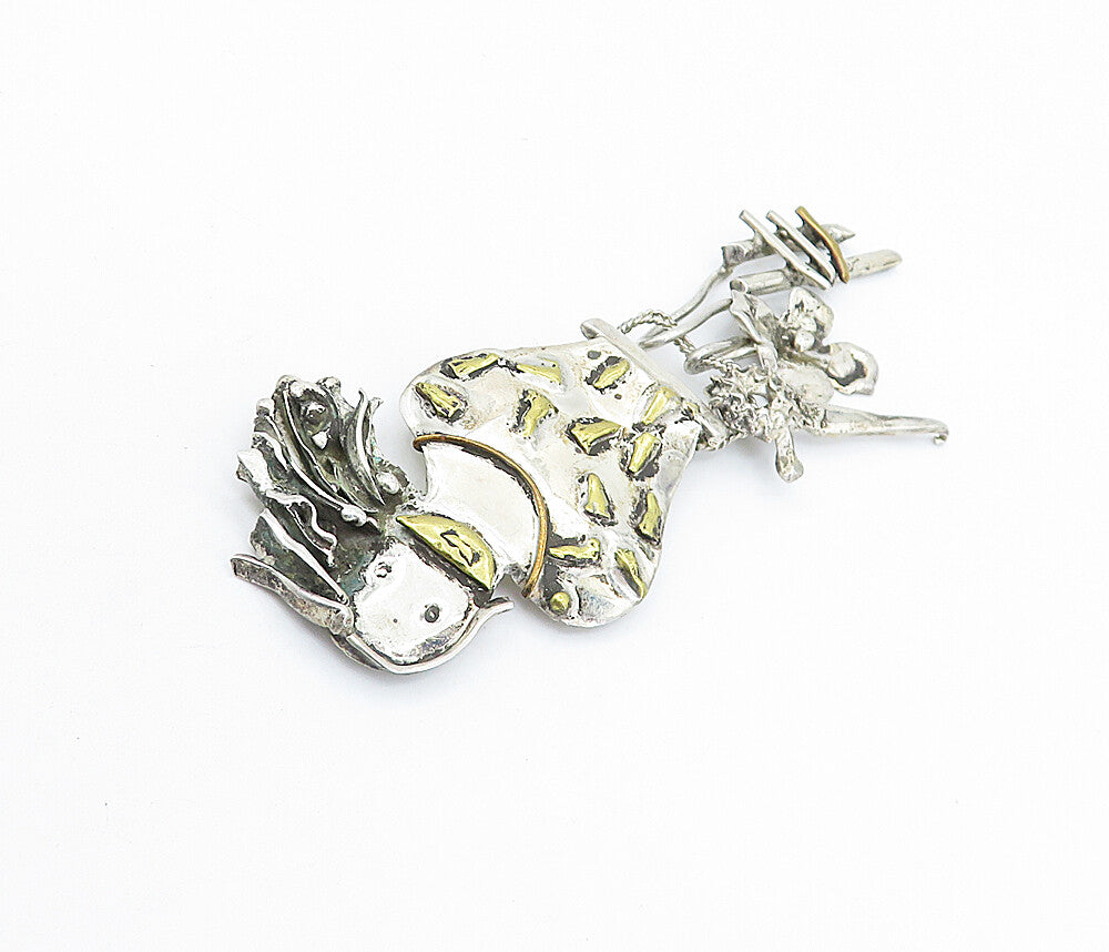 925 Sterling Silver  Vintage Antique 2 Tone Dangling Charms Brooch Pin  BP2262