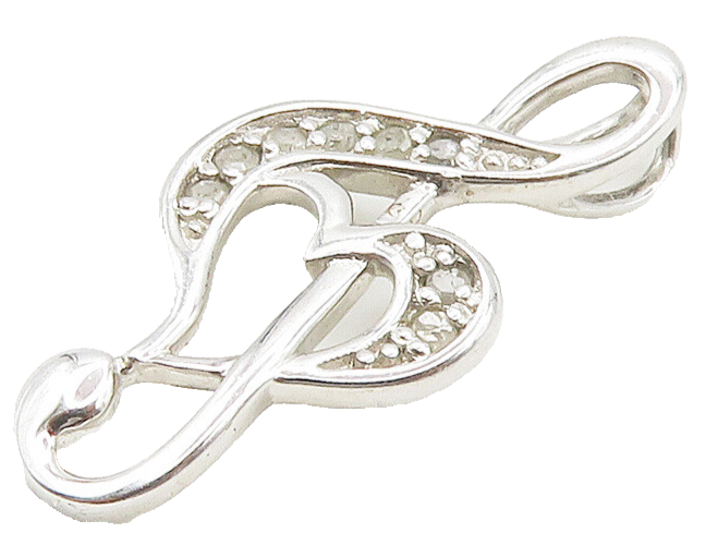 925 Sterling Silver  Genuine Diamonds Shiny Treble Clef Heart Pendant  PT12024