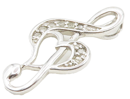 925 Sterling Silver  Genuine Diamonds Shiny Treble Clef Heart Pendant  PT12024