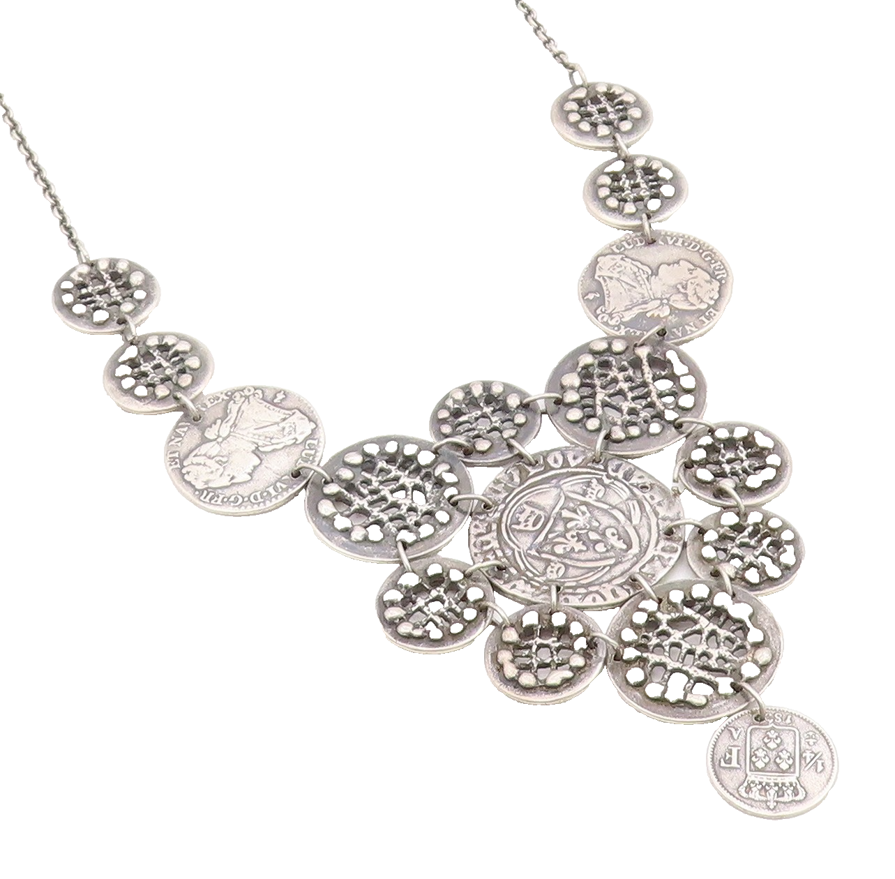 925 Sterling Silver Vintage Necklace Antique Treasure Coin Openwork Disc  NE4719