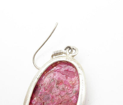 925 Sterling Silver  Vintage Crushed Pink Gemstone Oval Drop Earrings  EG3128
