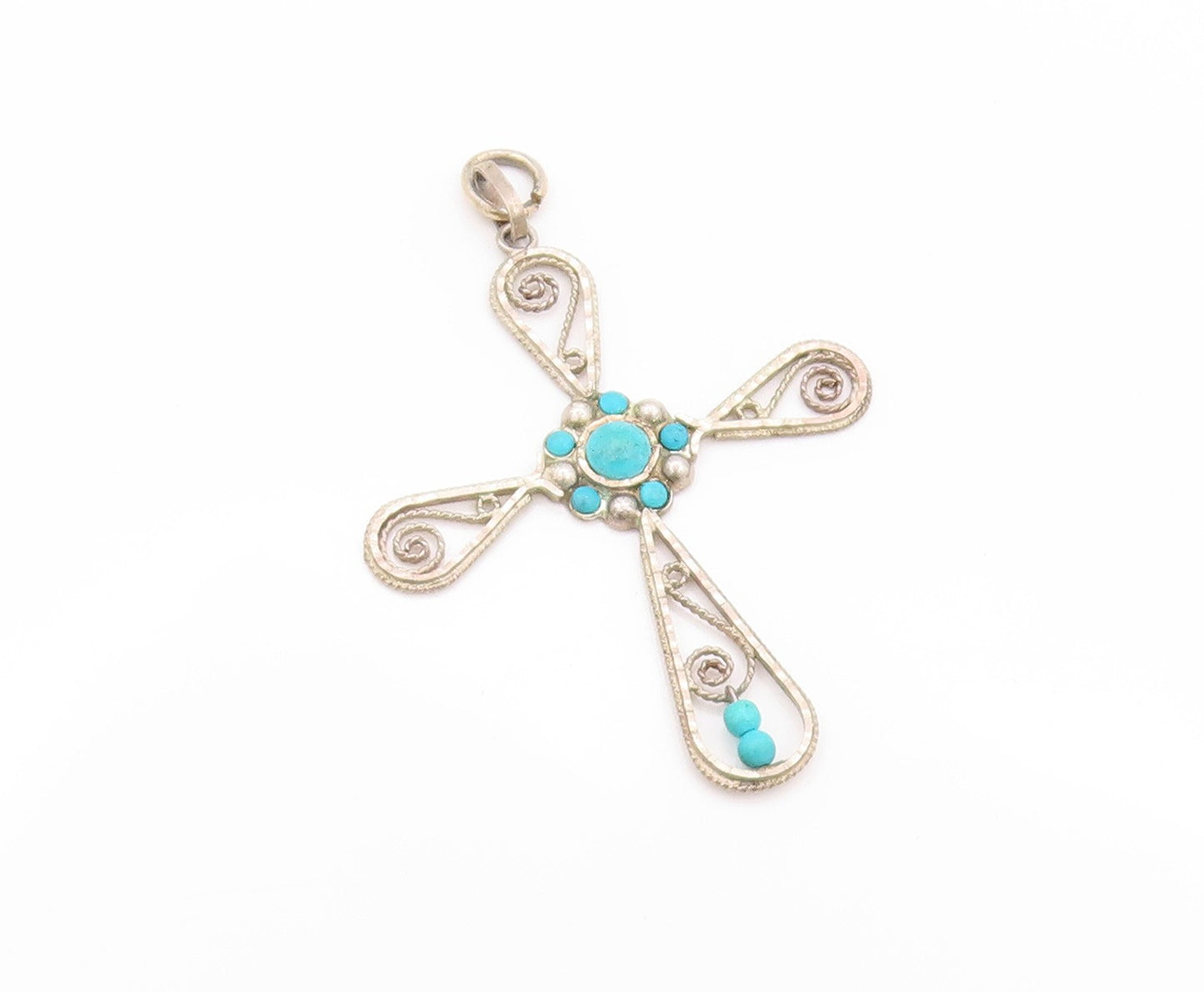 925 Sterling Silver Vintage Pendant Designer Wirework Turquoise Cross  PT24097