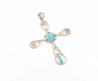 925 Sterling Silver Vintage Pendant Designer Wirework Turquoise Cross  PT24097