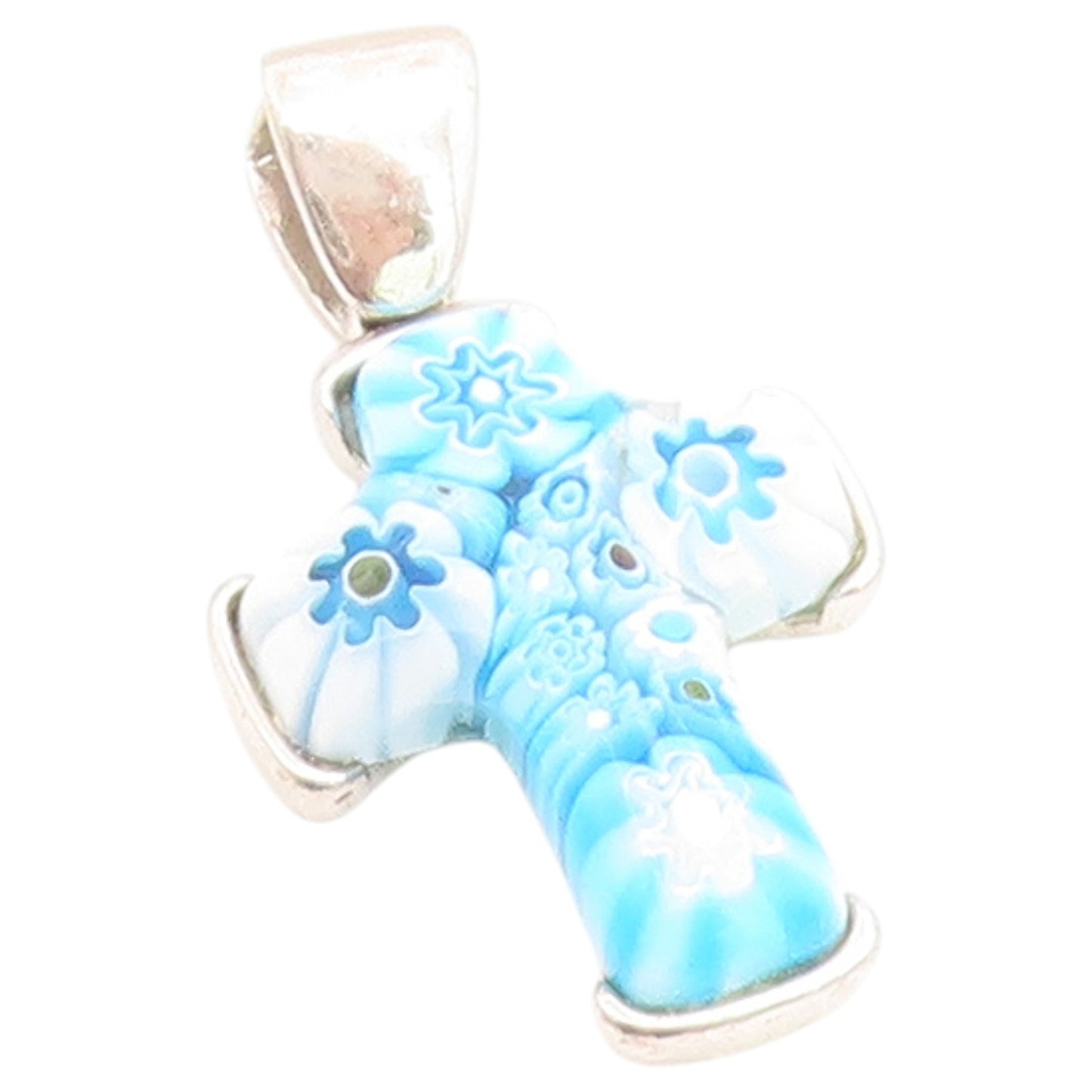 925 Sterling Silver Vintage Pendant JEAN K Murano Glass Religious Cross  PT26519