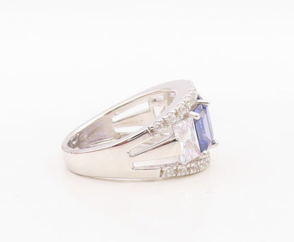 925 Sterling Silver Vintage Ring Designer Cutout Sapphire & Topaz Sz 7.5 RG30058