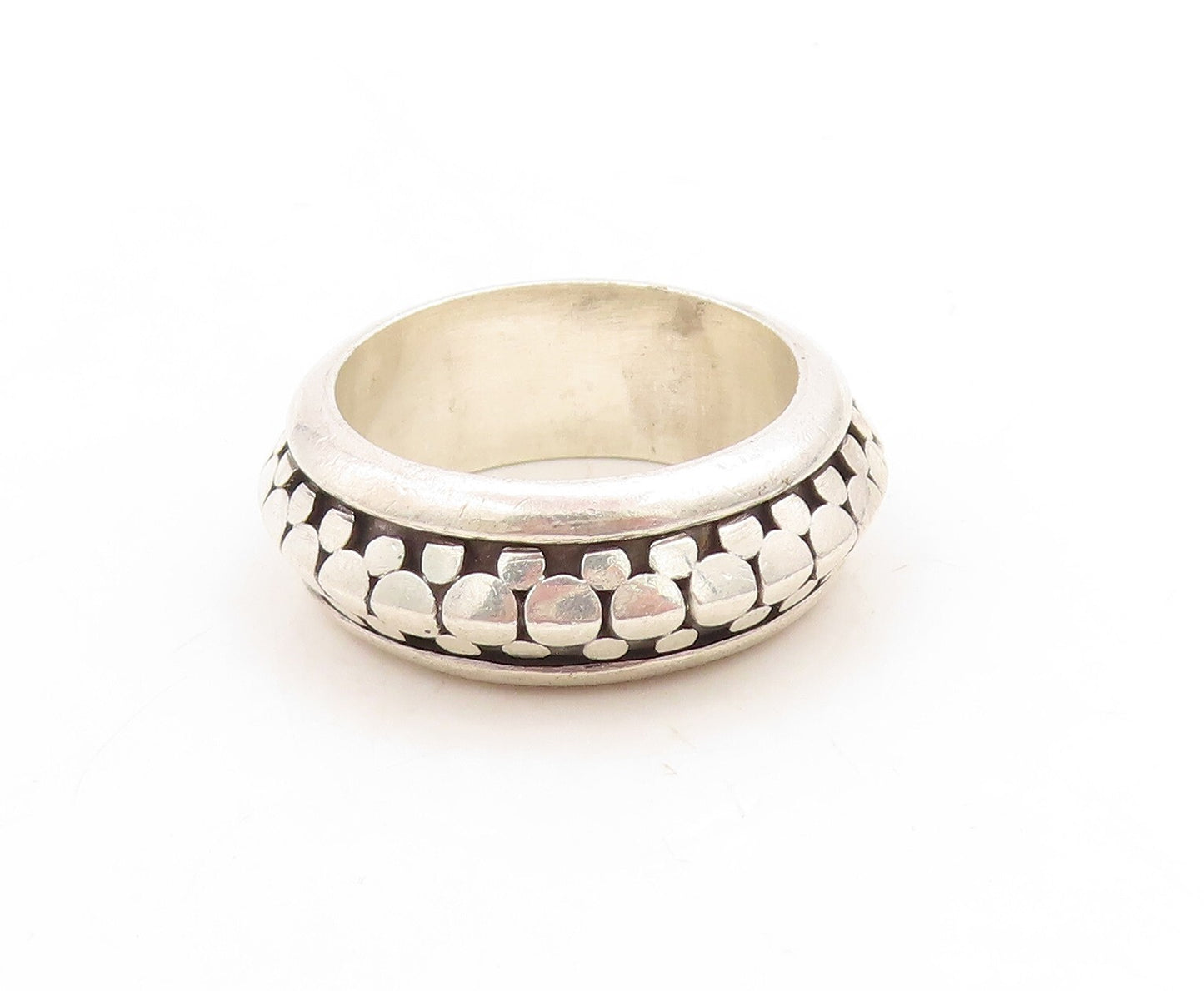 925 Sterling Silver Vintage Ring Solid Dot Effect Carved Spinner  Sz 9  RG31349