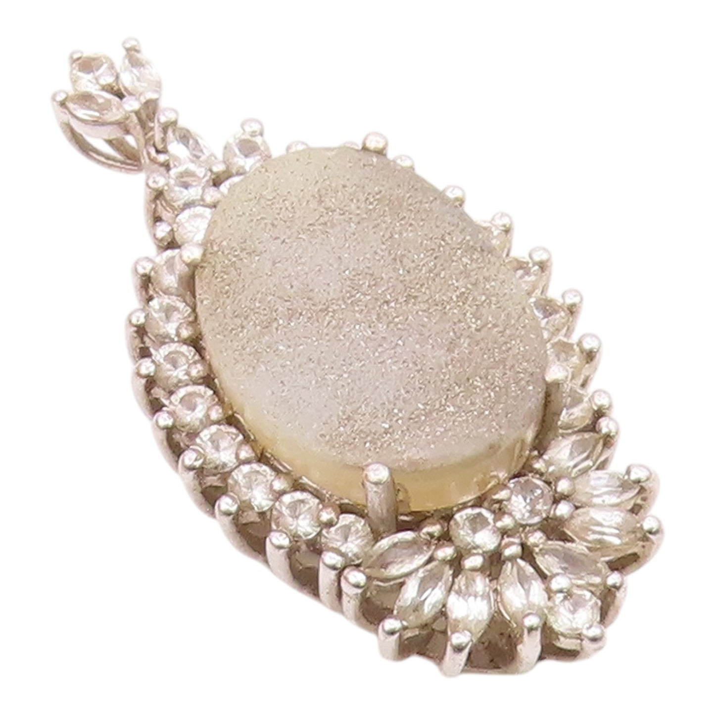 925 Sterling Silver  Vintage Druzy Quartz & Topaz Floral Pendant  PT19681