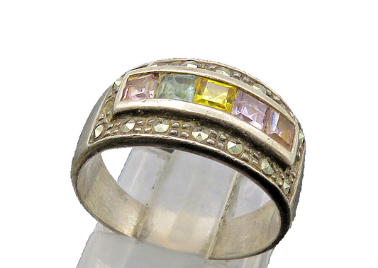 925 Sterling Silver Vintage Multi Color Topaz & Marcasite Band Ring Sz 6 RG21301