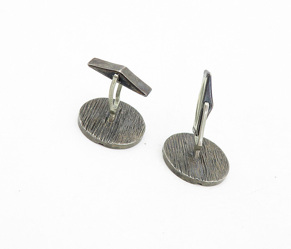 925 Sterling Silver  Vintage Antique Oxidized Pattern Round Cuff Links  TR1305
