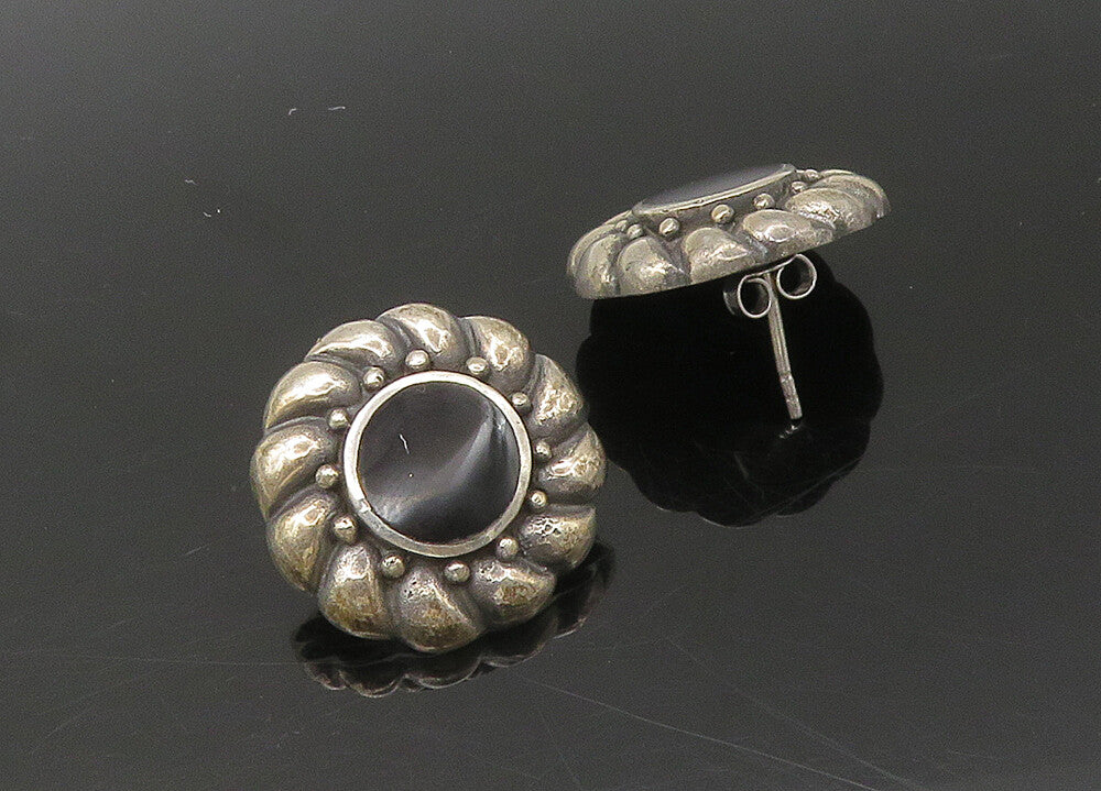 925 Sterling Silver  Vintage Black Onyx Flower Motif Drop Earrings  EG10904