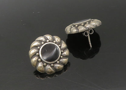 925 Sterling Silver  Vintage Black Onyx Flower Motif Drop Earrings  EG10904