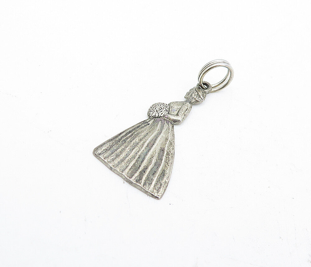 925 Sterling Silver  Vintage Petite Dark Tone Woman In Dress Pendant  PT3768