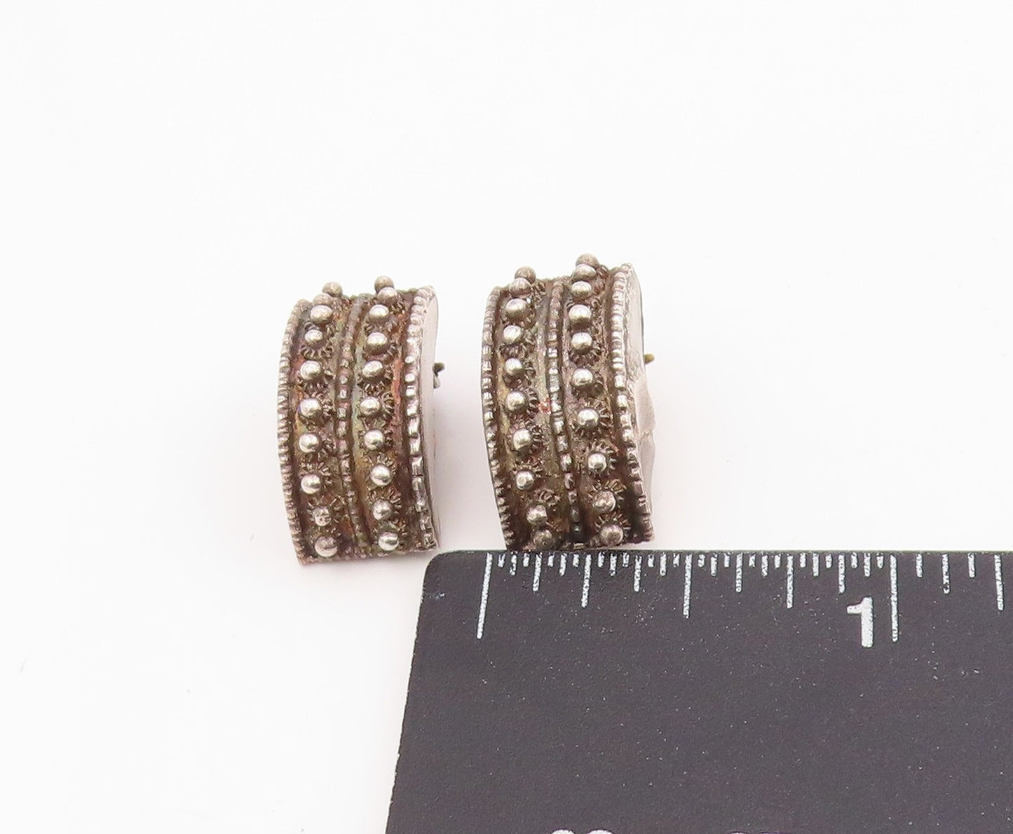 925 Sterling Silver Vintage Earrings Ethnic Intricate Beadwork Wide Hoop EG14005
