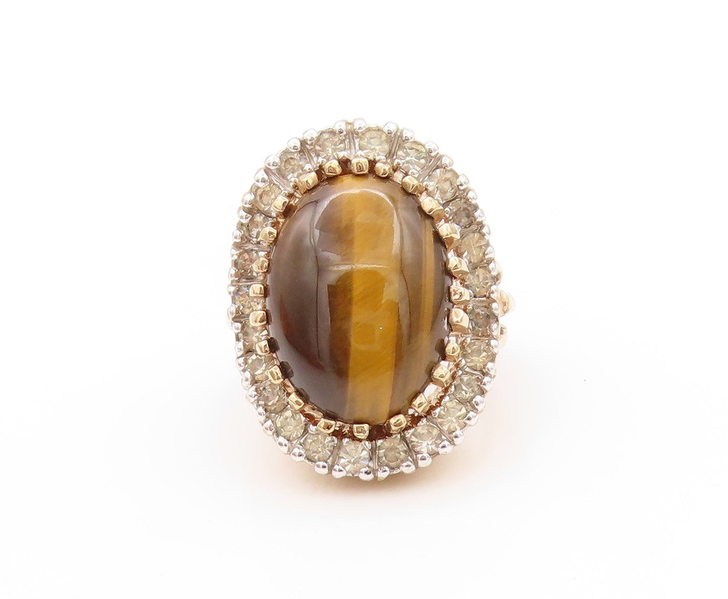 925 Sterling Silver Vintage Ring Gold Plated PANETTA Tiger's Eye CZ Sz 7 RG32713