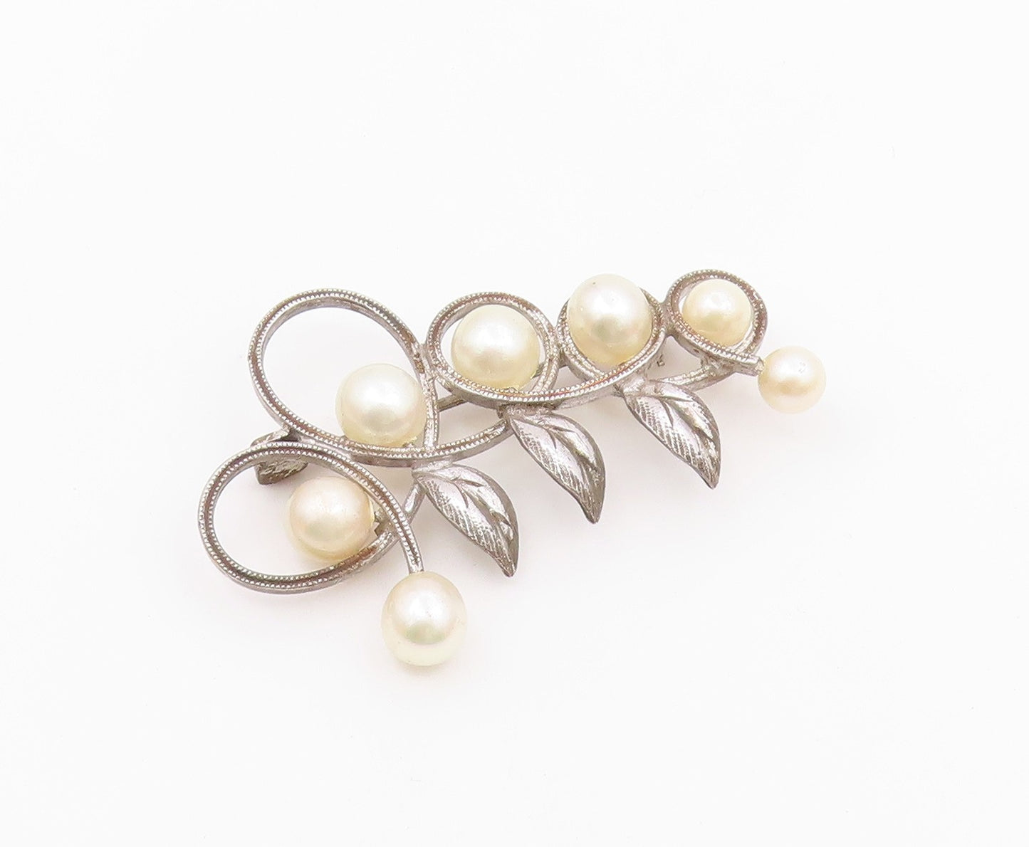 925 Sterling Silver  Vintage Shiny Pearls Floral Leaf Vine Brooch Pin  BP7835