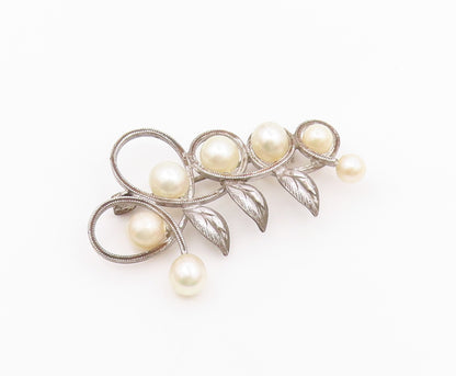 925 Sterling Silver  Vintage Shiny Pearls Floral Leaf Vine Brooch Pin  BP7835