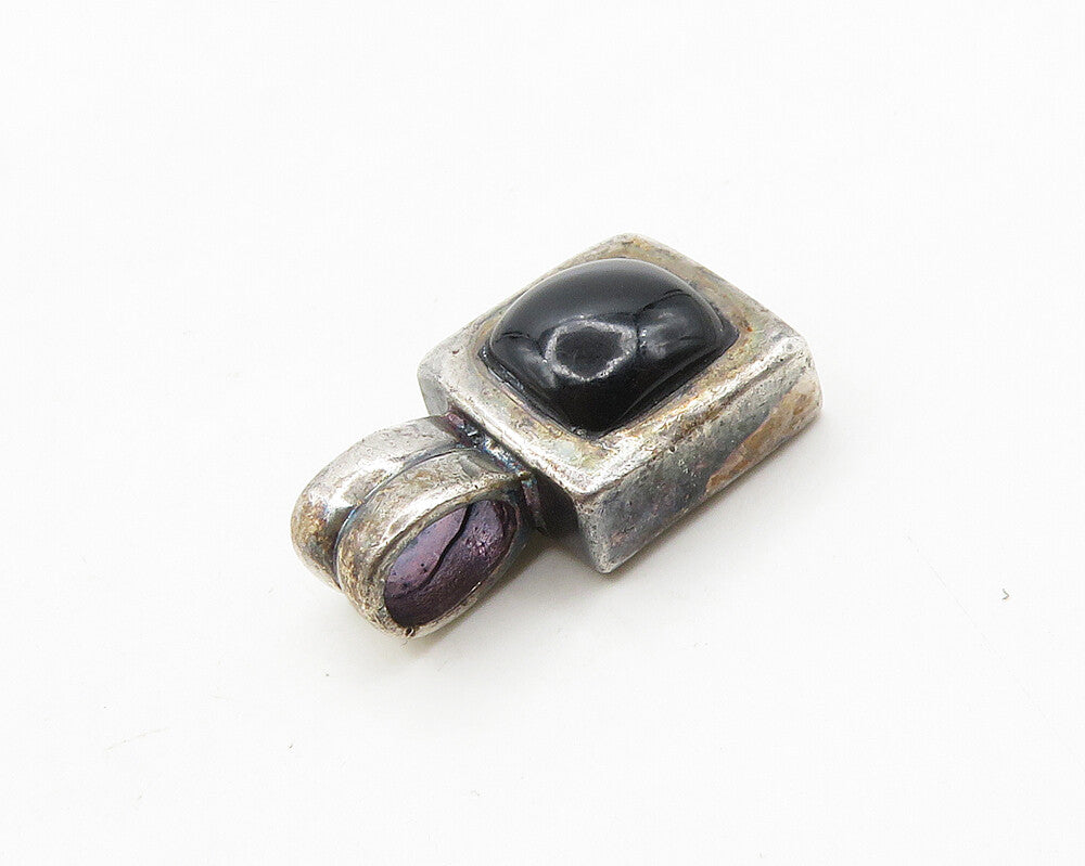 925 Sterling Silver  Vintage Cabochon Cut Square Black Onyx Pendant  PT15015