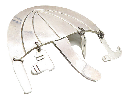 MEXICO 925 Sterling Silver  Vintage Umbrella Dangling Charms Brooch Pin BP3283