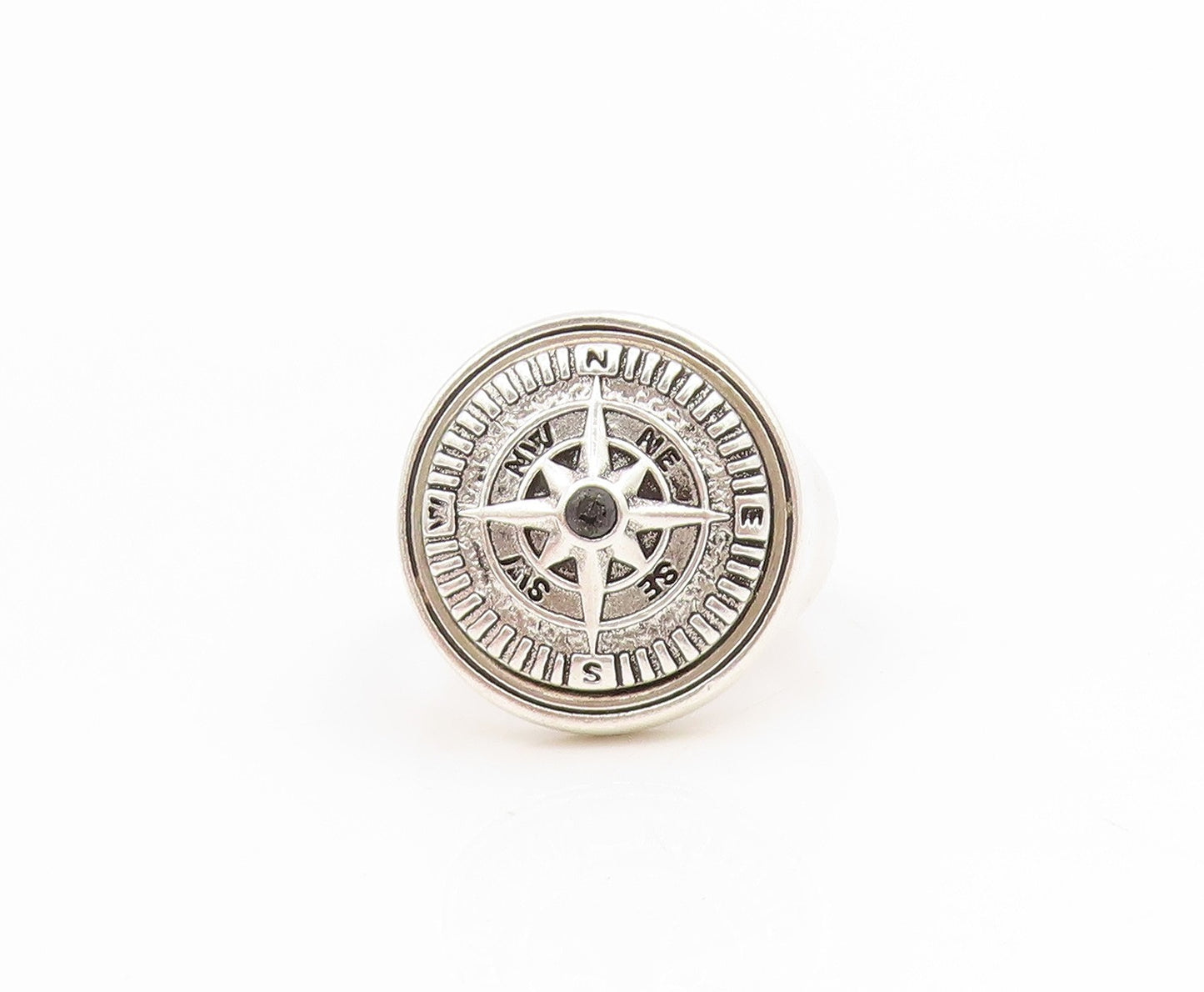 925 Sterling Silver Vintage Ring Carved Nautical Compass Signet  Sz 9.5  RG34415
