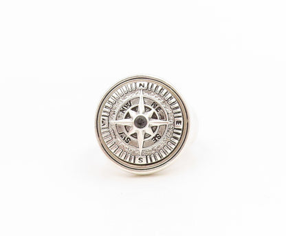 925 Sterling Silver Vintage Ring Carved Nautical Compass Signet  Sz 9.5  RG34415