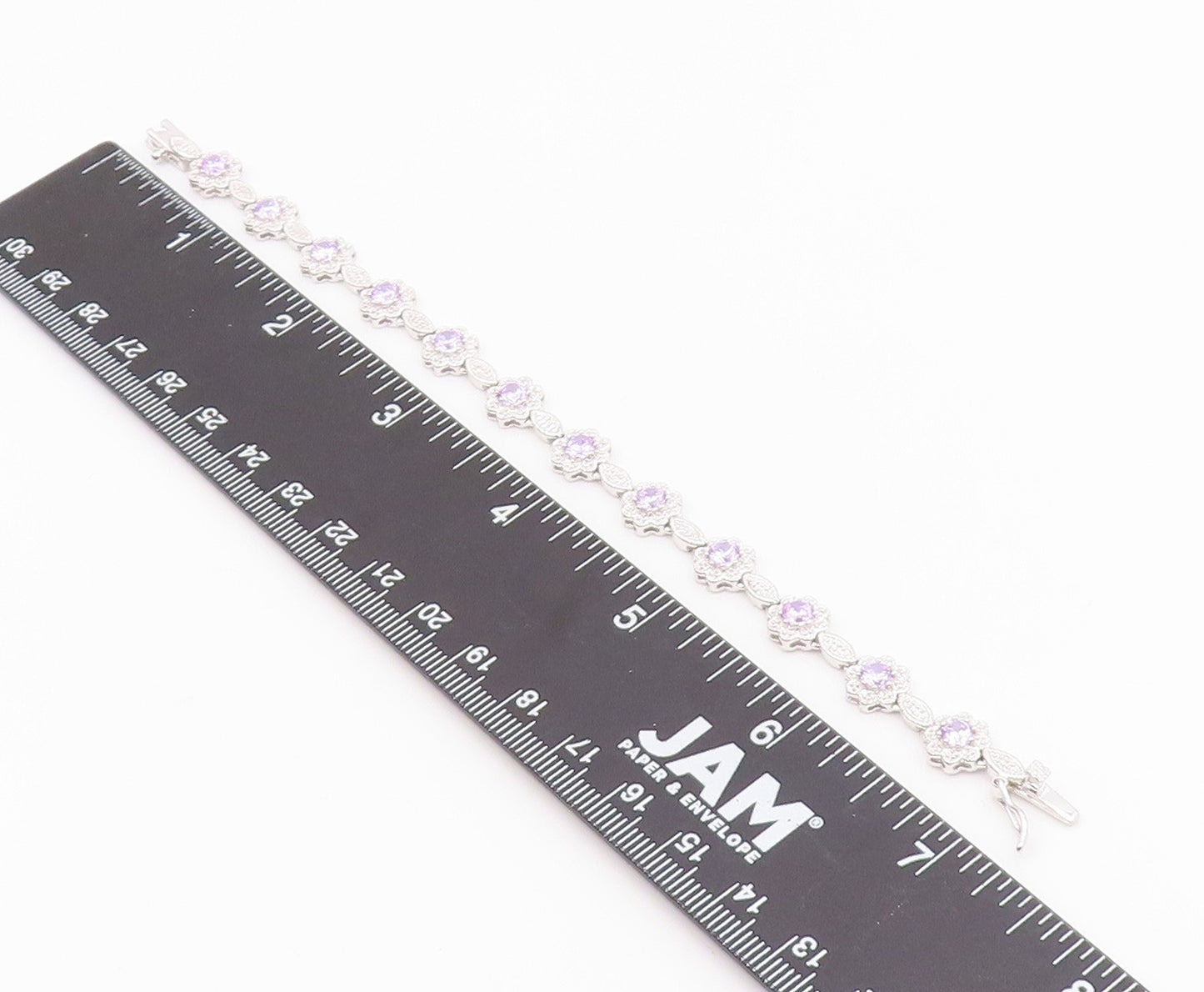 925 Sterling Silver  Shiny Purple Cubic Zirconia Floral Chain Bracelet  BT7366