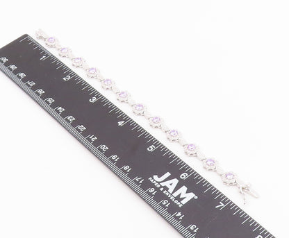 925 Sterling Silver  Shiny Purple Cubic Zirconia Floral Chain Bracelet  BT7366