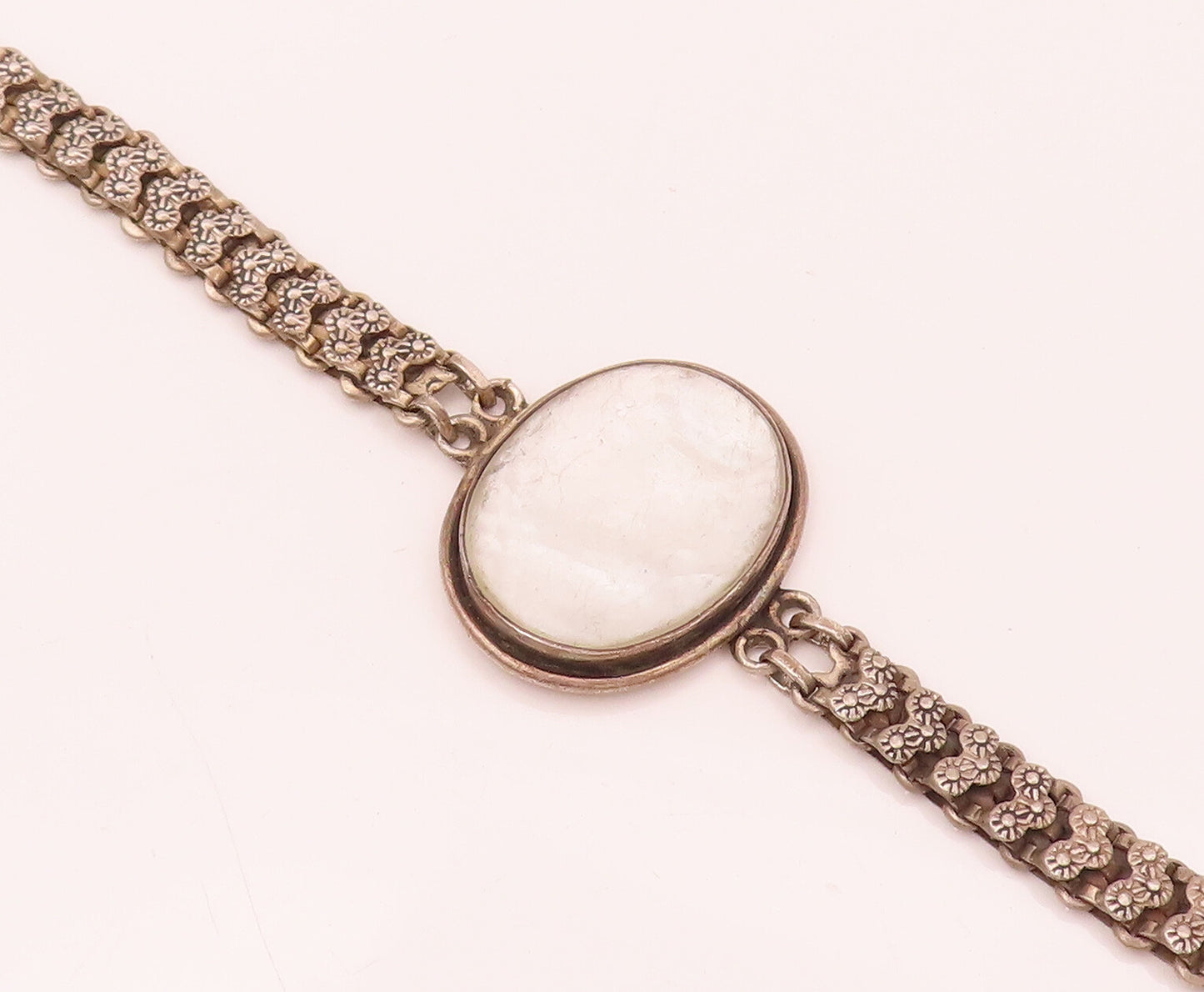 925 Sterling Silver  Vintage Mother Of Pearl Carved Chain Belt Bracelet BT9931