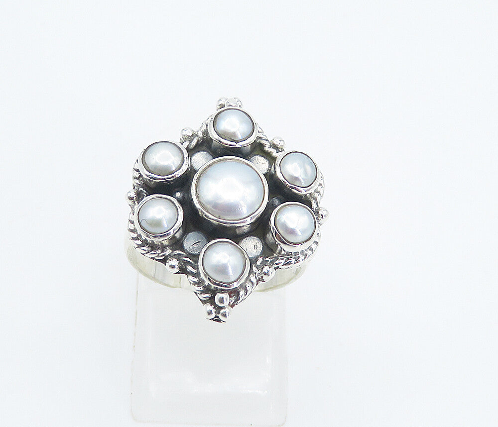925 Sterling Silver  Freshwater Pearl Floral Cocktail Ring Sz 6.5  RG8347