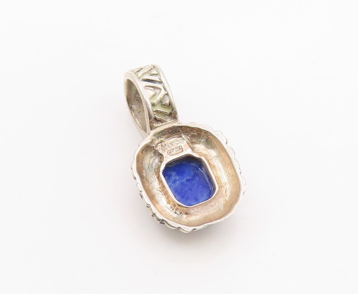925 Sterling Silver  Vintage Lapis Lazuli Border Pattern Pendant  PT15830