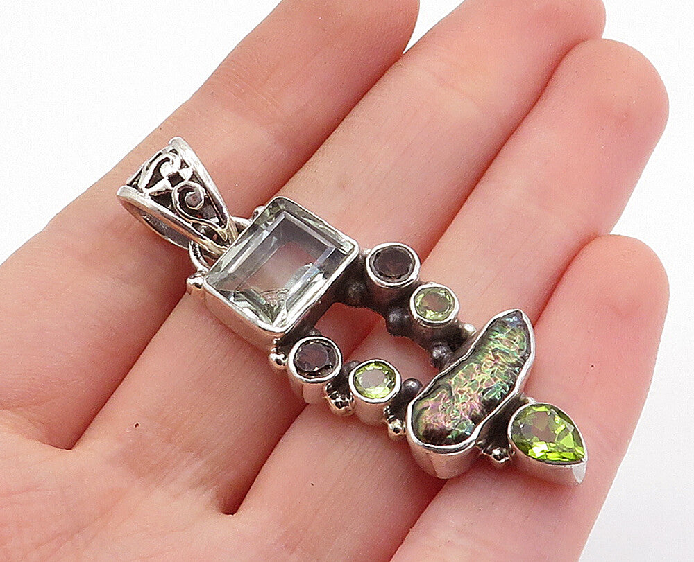 925 Sterling Silver  Vintage Abalone Peridot & Smoky Topaz Pendant  PT4583
