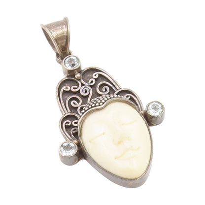 925 Sterling Silver Vintage Pendant Topaz Carved Goddess Face Charm  PT25995