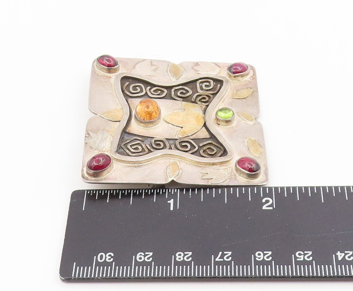 22k Gold & 925 Sterling Silver Vintage Brooch Modernist Multi Gemstone  BP12217