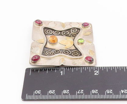 22k Gold & 925 Sterling Silver Vintage Brooch Modernist Multi Gemstone  BP12217