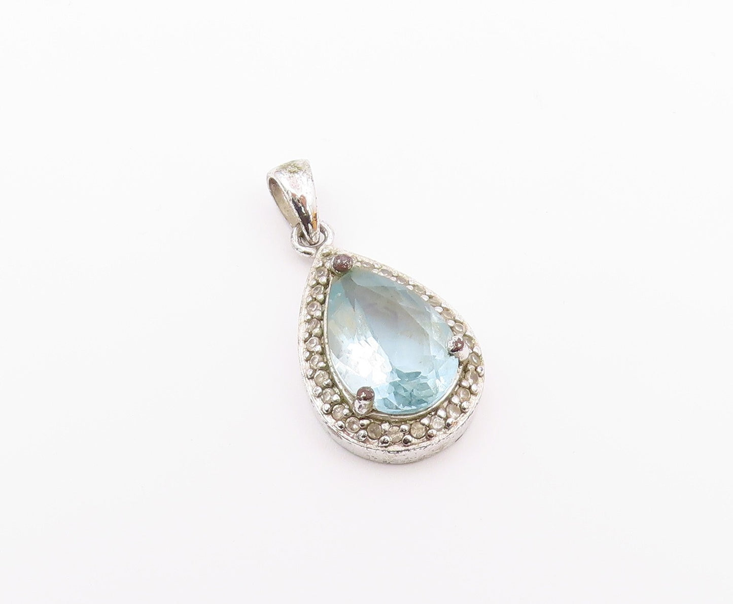 925 Sterling Silver  Vintage Pear Shaped Blue & White Topaz Pendant  PT21315