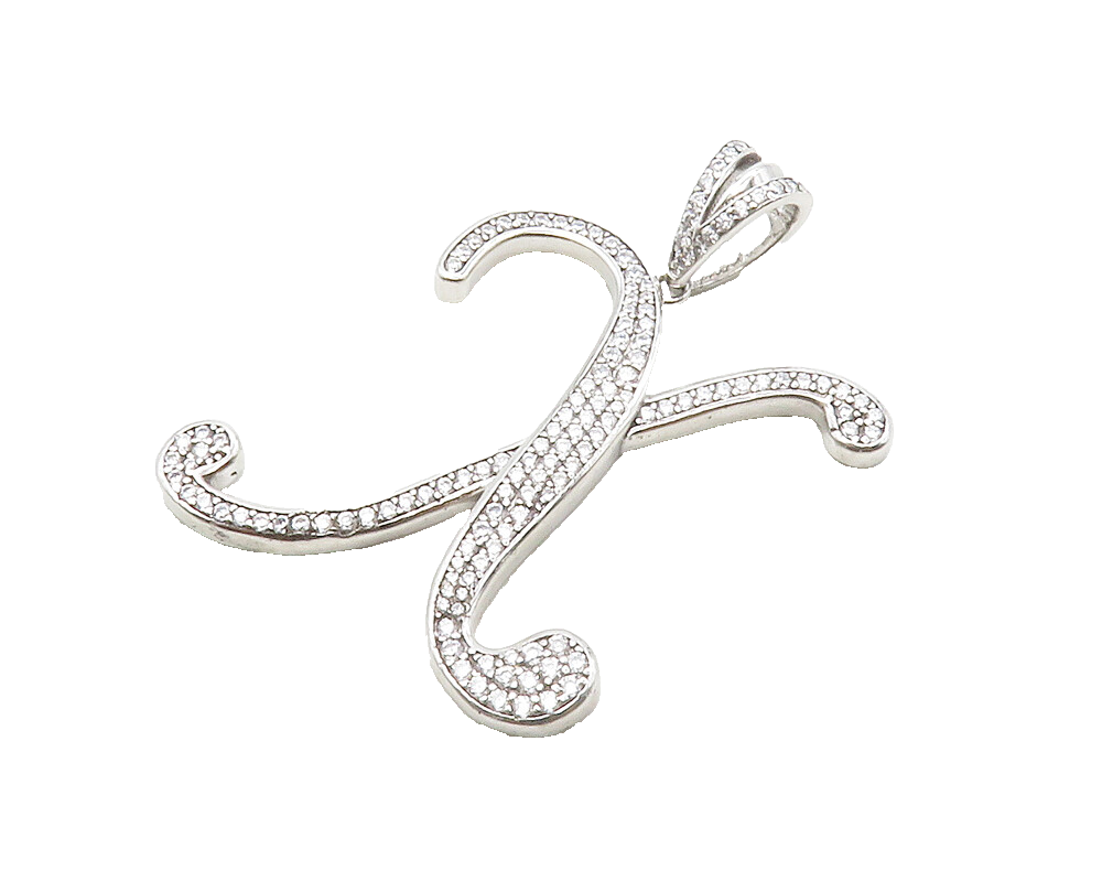925 Sterling Silver  Shiny Cubic Zirconia Letter X Initial Pendant  PT10439