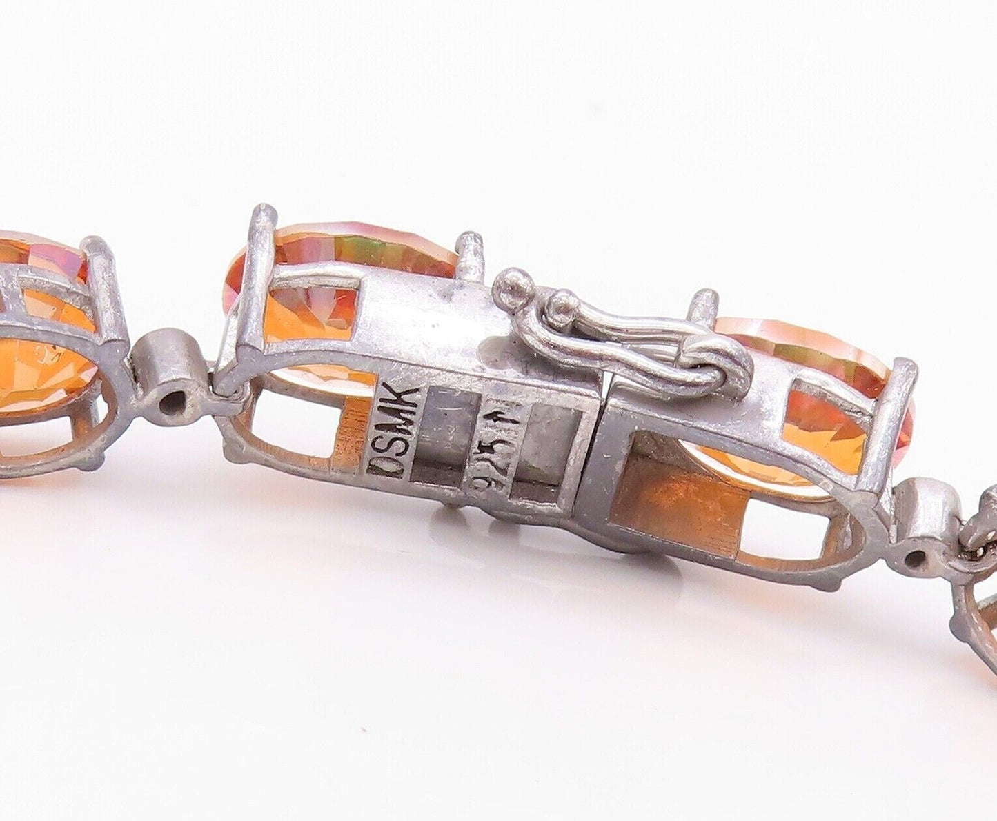 925 Sterling Silver Vintage Bracelet Orange Oval Cut Gemstone & CZ Links BT10751