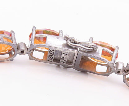 925 Sterling Silver Vintage Bracelet Orange Oval Cut Gemstone & CZ Links BT10751
