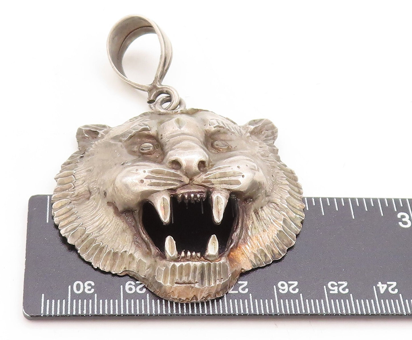 925 Sterling Silver Vintage Pendant Dark Tone Angry Roaring Tiger  PT23886