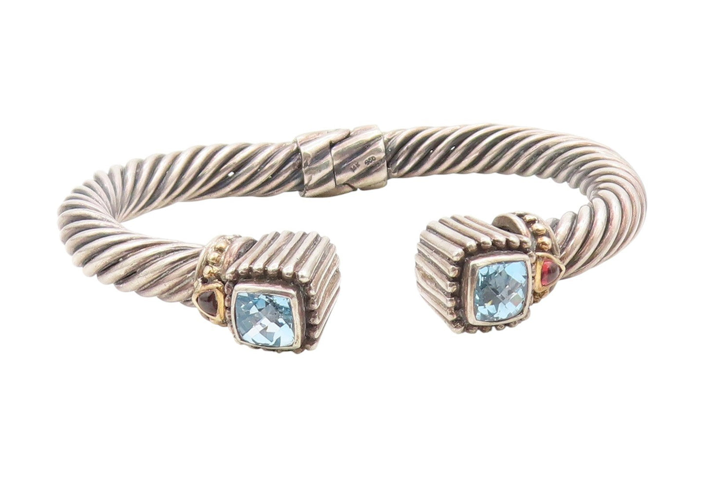 14k Gold & 925 Sterling Silver Vintage Bracelet Faceted Blue Topaz Cuff  BT11761