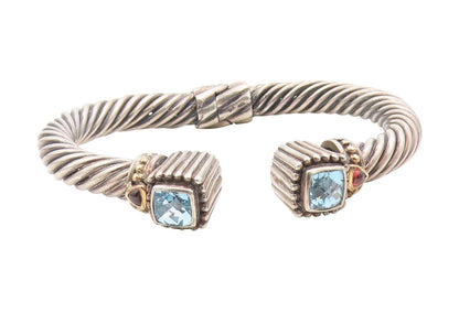 14k Gold & 925 Sterling Silver Vintage Bracelet Faceted Blue Topaz Cuff  BT11761