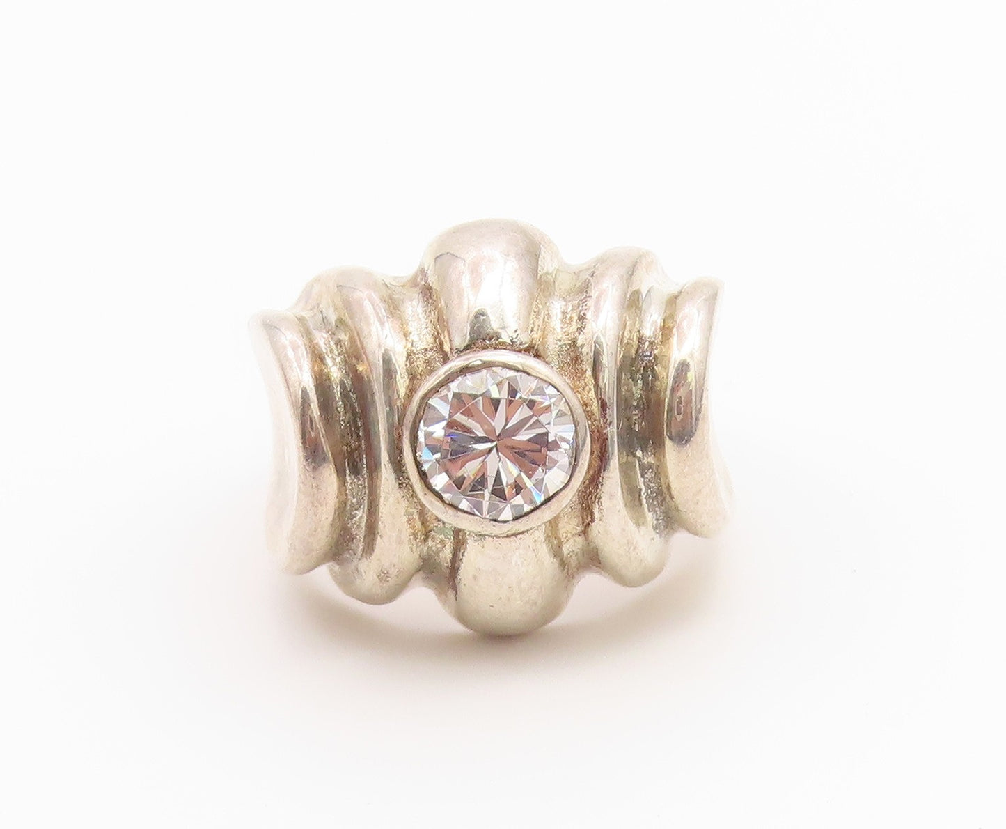 925 Sterling Silver Vintage Ring Round CZ Ribbed Statement Band  Sz 9  RG36700