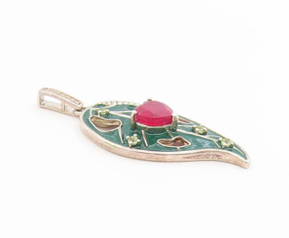 925 Sterling Silver Vintage Pendant Heart Ruby Enamel Leaf Cutout Charm  PT26561