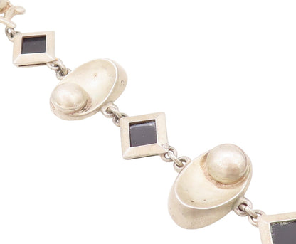 925 Sterling Silver Vintage Bracelet Square Onyx & Designer Sphere Links BT11253