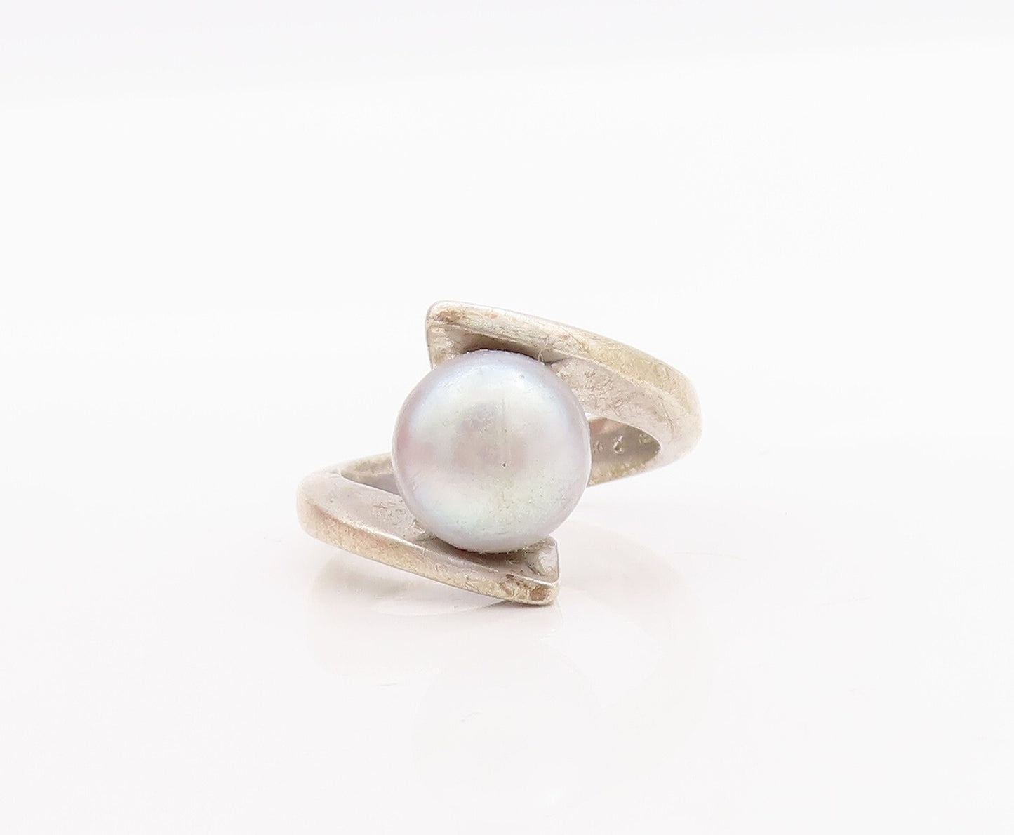 925 Sterling Silver Vintage Ring Designer Grey Pearl Bypass Design  Sz 6 RG29111