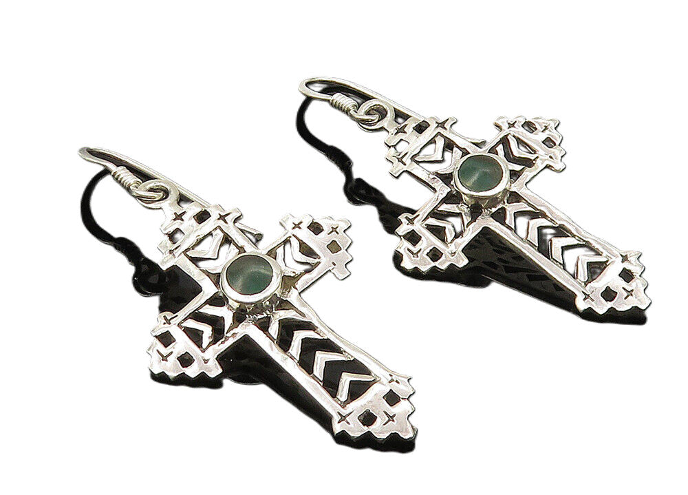 925 Sterling Silver  Shiny Inlaid Jasper Religious Cross Drop Earrings  EG5725