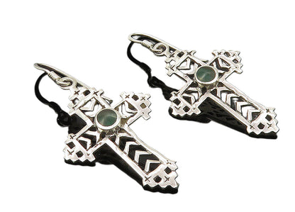 925 Sterling Silver  Shiny Inlaid Jasper Religious Cross Drop Earrings  EG5725