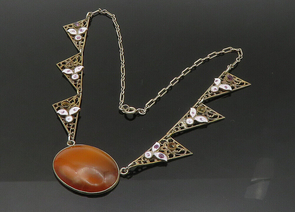 925 Silver  Vintage Antique Tiger's Eye & Amethyst Chain Necklace  NE3572