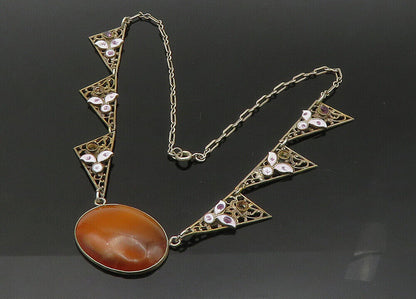 925 Silver  Vintage Antique Tiger's Eye & Amethyst Chain Necklace  NE3572
