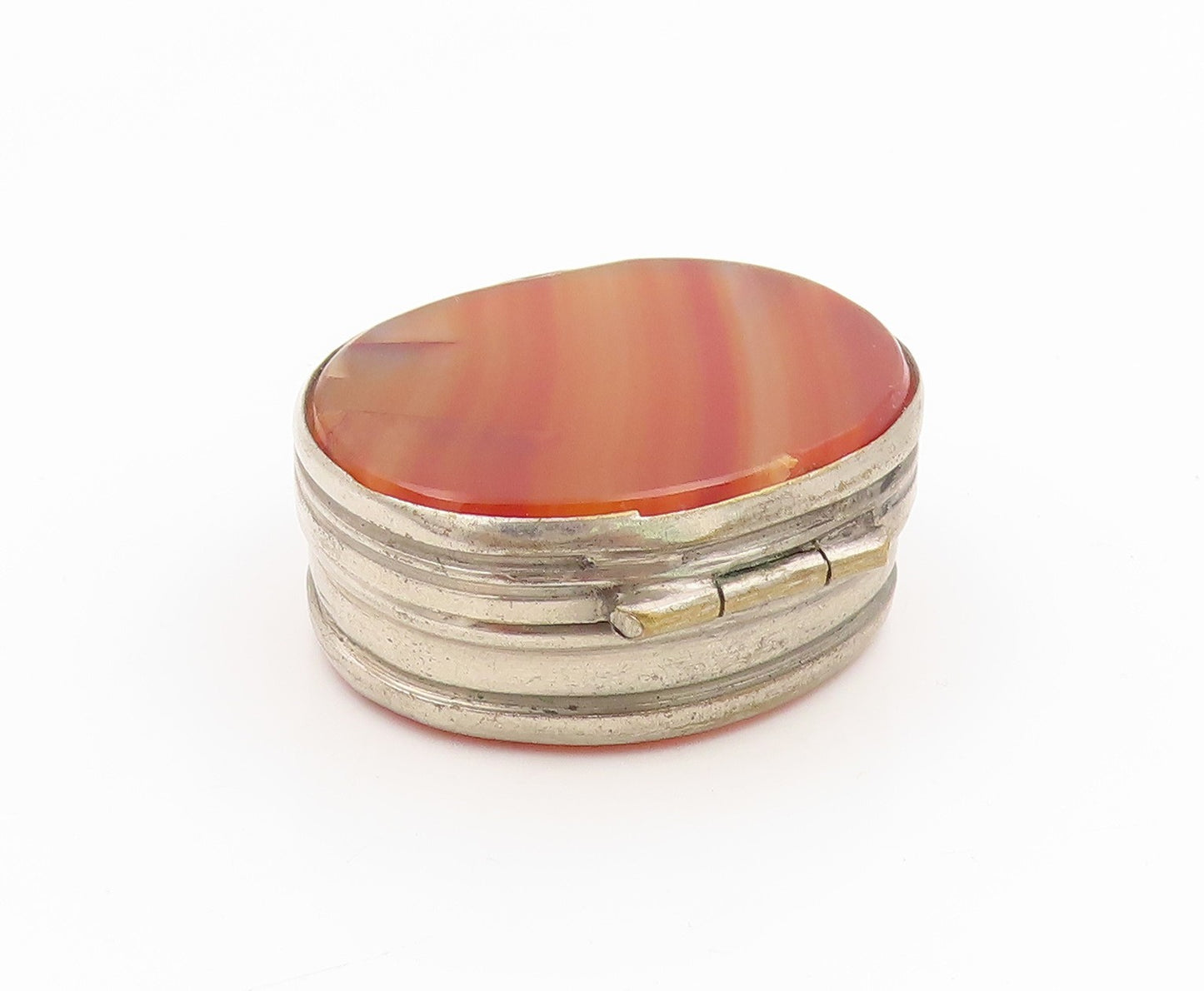 925 Sterling Silver Vintage Pill Box Antique Banded Agate Trinket OPENS  TR4243