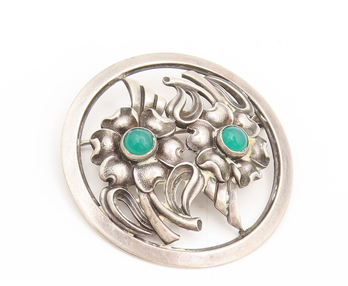 925 Sterling Silver Vintage Chrysoprase Flower Round Frame Brooch Pin BP10322